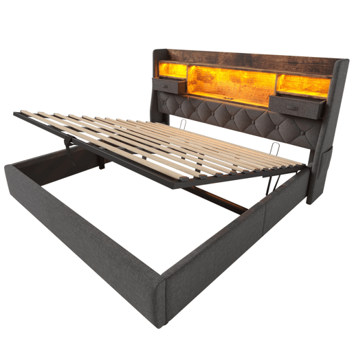 Cama hidráulica 180x200 cm - Com arrumação, cabeceira LED, 4 portas USBType-C, cinzenta