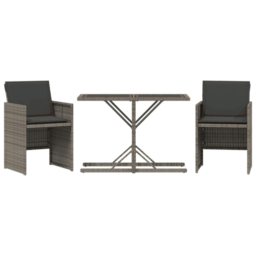 3 pcs conjunto bistrô - cadeiras de jardim - Cadeiras de exterior com almofadões vime PE cinza