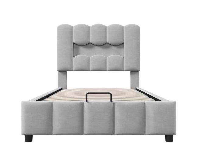Cama tapizada 90x200 cm - led, hidráulica, cabecera ajustable, sin colchón - gris