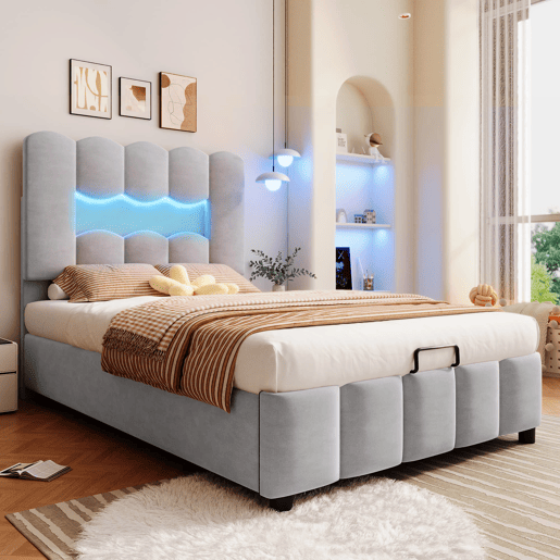 Cama estofada 90x200 cm - LED, hidráulica, cabeceira ajustável, sem colchão - Cinza