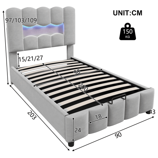 Cama estofada 90x200 cm - LED, hidráulica, cabeceira ajustável, sem colchão - Cinza