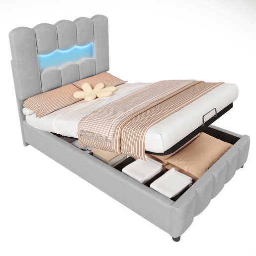 Cama estofada 90x200 cm - LED, hidráulica, cabeceira ajustável, sem colchão - Cinza