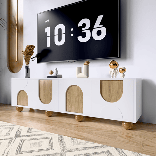 Móvel de TV 175x38x50 cm - 4 portas, design vintage - NaturalBranco