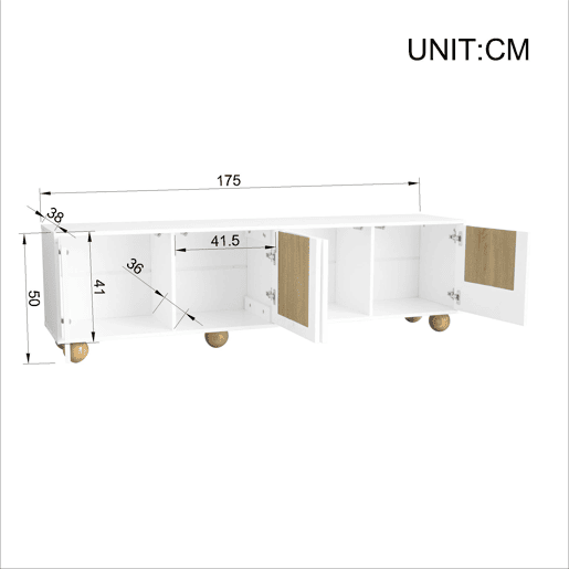 Móvel de TV 175x38x50 cm - 4 portas, design vintage - NaturalBranco