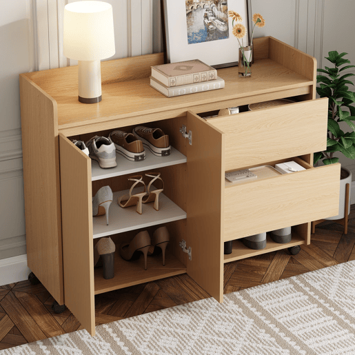 Sapateiro móvel 110x35x86 cm - Com rodas universais com travão, prateleiras ajustáveis, dobradiça amortecida - Natural