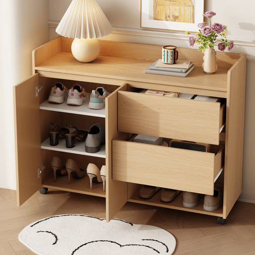 Sapateiro móvel 110x35x86 cm - Com rodas universais com travão, prateleiras ajustáveis, dobradiça amortecida - Natural