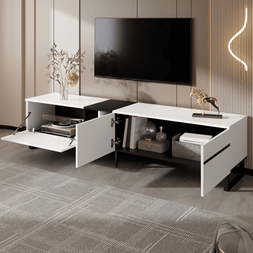 Móvel de TV 180 cm - Minimalista com portas e prateleiras abertas, grande capacidade de armazenamento - Branco