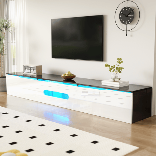 Móvel de TV 180 cm - Superfície brilhante, com iluminação LED de 16 cores, montável na parede - Preto, Branco