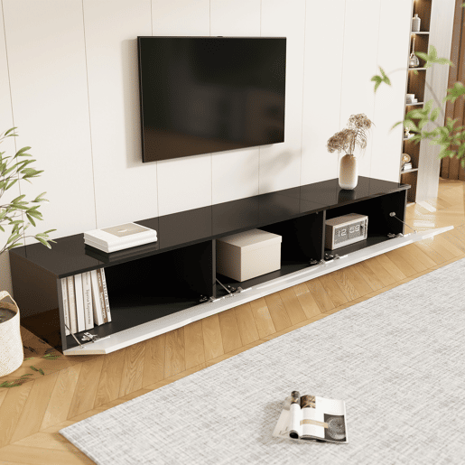 Móvel de TV 180 cm - Superfície brilhante, com iluminação LED de 16 cores, montável na parede - Preto, Branco