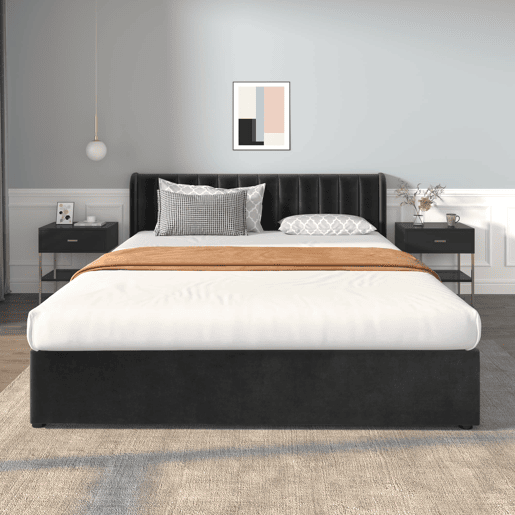Cama estofada 180x200 cm - Com estrado, encosto e 2 gavetas - Preto