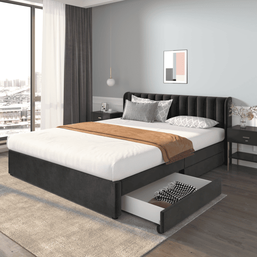 Cama estofada 180x200 cm - Com estrado, encosto e 2 gavetas - Preto