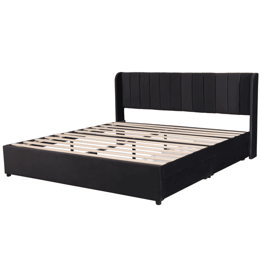 Cama estofada 180x200 cm - Com estrado, encosto e 2 gavetas - Preto