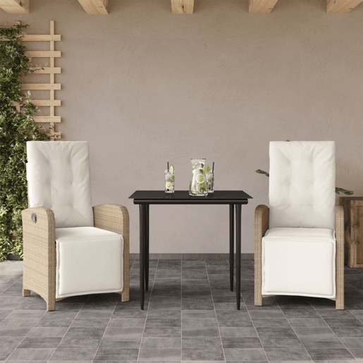 3 pcs conjunto bistrô - cadeiras de jardim - Cadeiras de exterior com almofadões vime PE bege