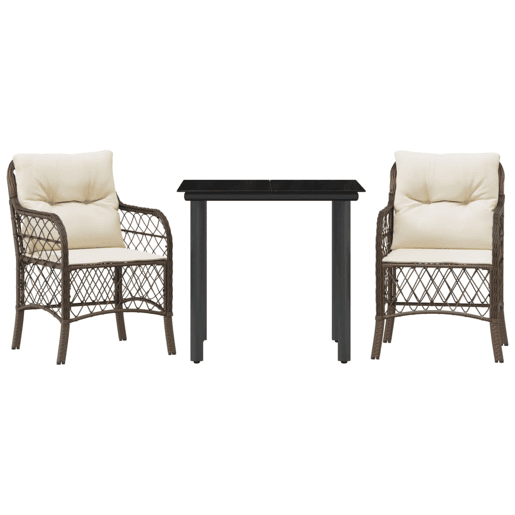 3 pcs conjunto bistrô - cadeiras de jardim - Cadeiras de exterior com almofadões vime PE castanho 3 pcs conjunto bistrô - cadeiras de jardim - Cadeiras de exterior com almofadões vime PE castanho