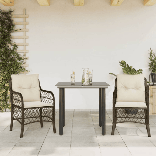 3 pcs conjunto bistrô - cadeiras de jardim - Cadeiras de exterior com almofadões vime PE castanho 3 pcs conjunto bistrô - cadeiras de jardim - Cadeiras de exterior com almofadões vime PE castanho