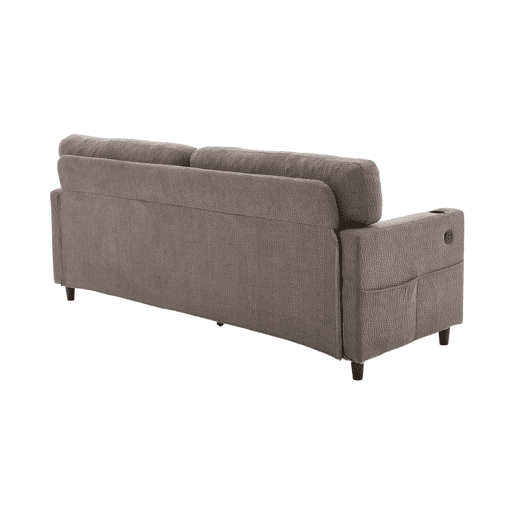Sofá Chenille 2 lugares - USB-C, LED ambiente, porta-copos, bolsos - Cinza claro