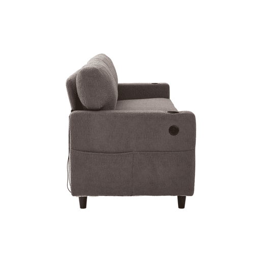 Sofá Chenille 2 lugares - USB-C, LED ambiente, porta-copos, bolsos - Cinza claro