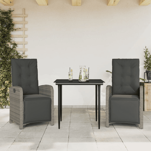 3 pcs conjunto bistrô - cadeiras de jardim - Cadeiras de exterior com almofadões vime PE cinza