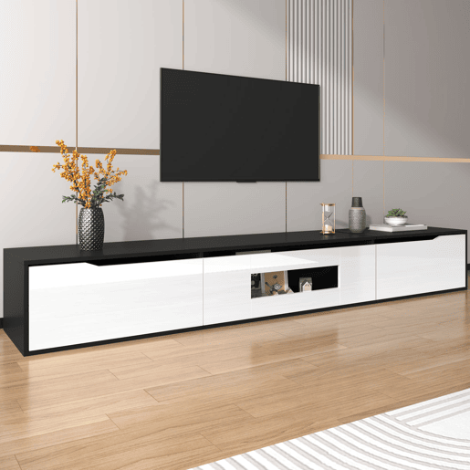 Móvel de TV 180 cm - Moderno com LED, USB e luz mutável - Preto e Branco Móvel de TV 180 cm - Moderno com LED, USB e luz mutável - Preto e Branco