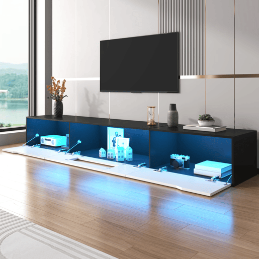 Móvel de TV 180 cm - Moderno com LED, USB e luz mutável - Preto e Branco Móvel de TV 180 cm - Moderno com LED, USB e luz mutável - Preto e Branco