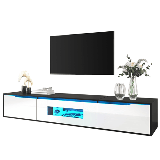 Móvel de TV 180 cm - Moderno com LED, USB e luz mutável - Preto e Branco Móvel de TV 180 cm - Moderno com LED, USB e luz mutável - Preto e Branco