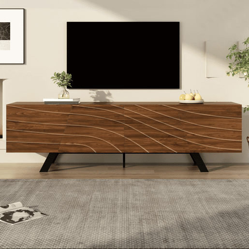 Móvel de TV 160x39x50,5 cm - Lowboard com frente ondulada, grande capacidade de armazenamento, pés de ferro - Nogueira