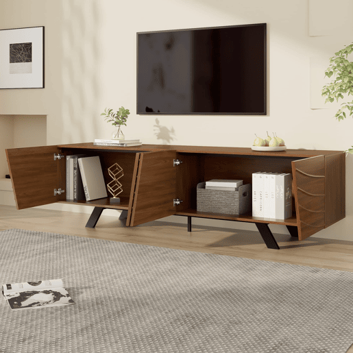 Móvel de TV 160x39x50,5 cm - Lowboard com frente ondulada, grande capacidade de armazenamento, pés de ferro - Nogueira