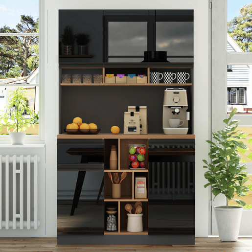 Armário de cozinha 105x45x185 cm - Aparador, prateleiras ajustáveis, gavetas, acessórios anticaída - cinza + preto