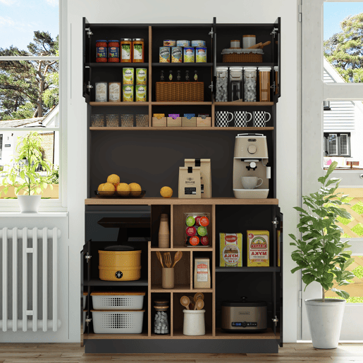 Armário de cozinha 105x45x185 cm - Aparador, prateleiras ajustáveis, gavetas, acessórios anticaída - cinza + preto