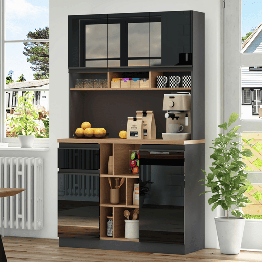 Armário de cozinha 105x45x185 cm - Aparador, prateleiras ajustáveis, gavetas, acessórios anticaída - cinza + preto