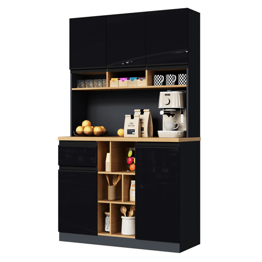 Armário de cozinha 105x45x185 cm - Aparador, prateleiras ajustáveis, gavetas, acessórios anticaída - cinza + preto