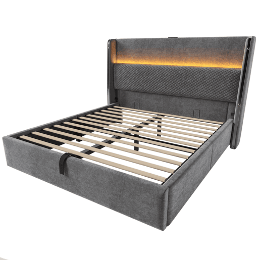 Cama hidráulica 160x200 cm - Cabeceira alta, LED, armazenamento, portas USBType-C - Cinza