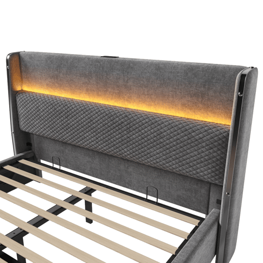 Cama hidráulica 160x200 cm - Cabeceira alta, LED, armazenamento, portas USBType-C - Cinza