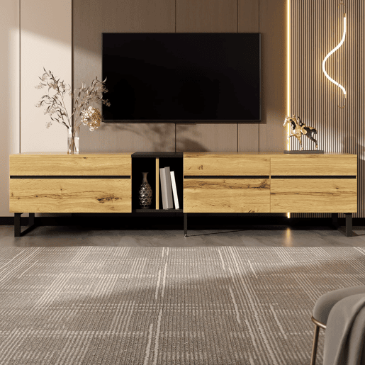 Móvel de TV 180 cm - Minimalista com portas duplas, compartimentos abertos e rebatíveis - Madeira