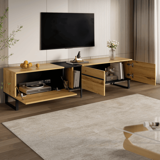 Móvel de TV 180 cm - Minimalista com portas duplas, compartimentos abertos e rebatíveis - Madeira