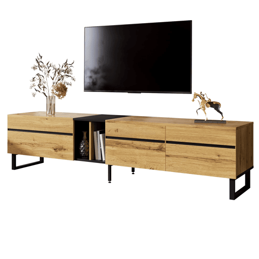 Móvel de TV 180 cm - Minimalista com portas duplas, compartimentos abertos e rebatíveis - Madeira