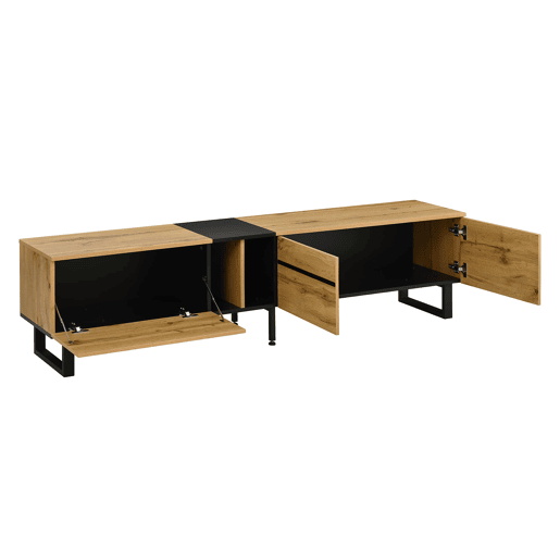 Móvel de TV 180 cm - Minimalista com portas duplas, compartimentos abertos e rebatíveis - Madeira
