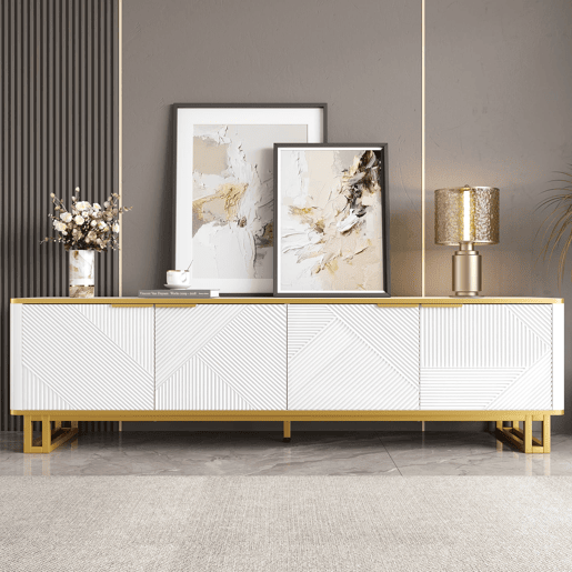 Móvel de TV 160x37,5 cm - 4 portas, textura geométrica, design exclusivo - Branco