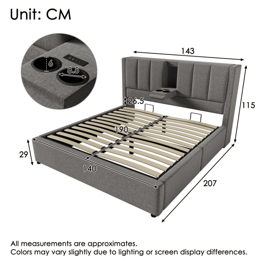 Cama estofada 140x190 cm - Com suporte oculto para chávenas e estação de carregamento - Cinza