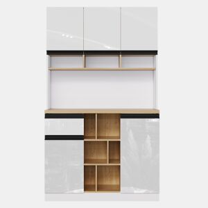 Armário de cozinha 105×45×185 cm - Buffet, aparador, portas lacadas, puxadores metálicos, prateleiras ajustáveis, gavetas, arrumação aberta, proteção contra tombamento - Branco