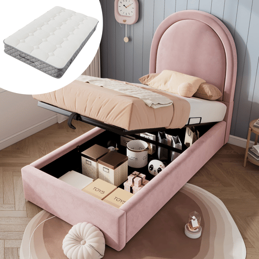Cama infantil estofada 90x200 cm - Rosa, Samt, para meninos e meninas (com colchão)