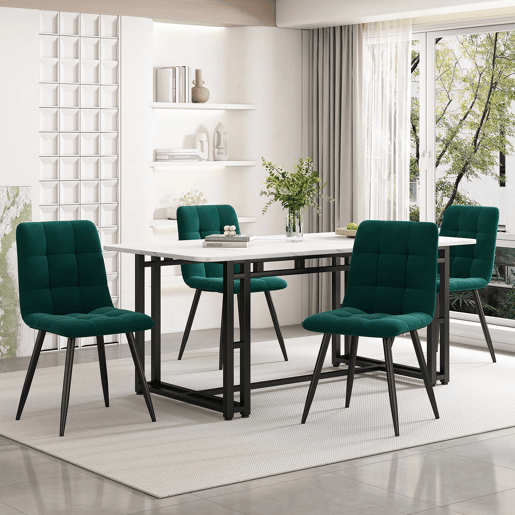 Conjunto de sala de jantar 140x80cm - mesa moderna com 4 cadeiras de veludo verde - pernas de ferro pretas