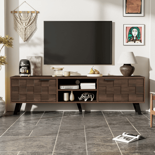 Móvel de TV 160,5x35,5 cm - 2 portas e 2 prateleiras abertas - Madeira escura