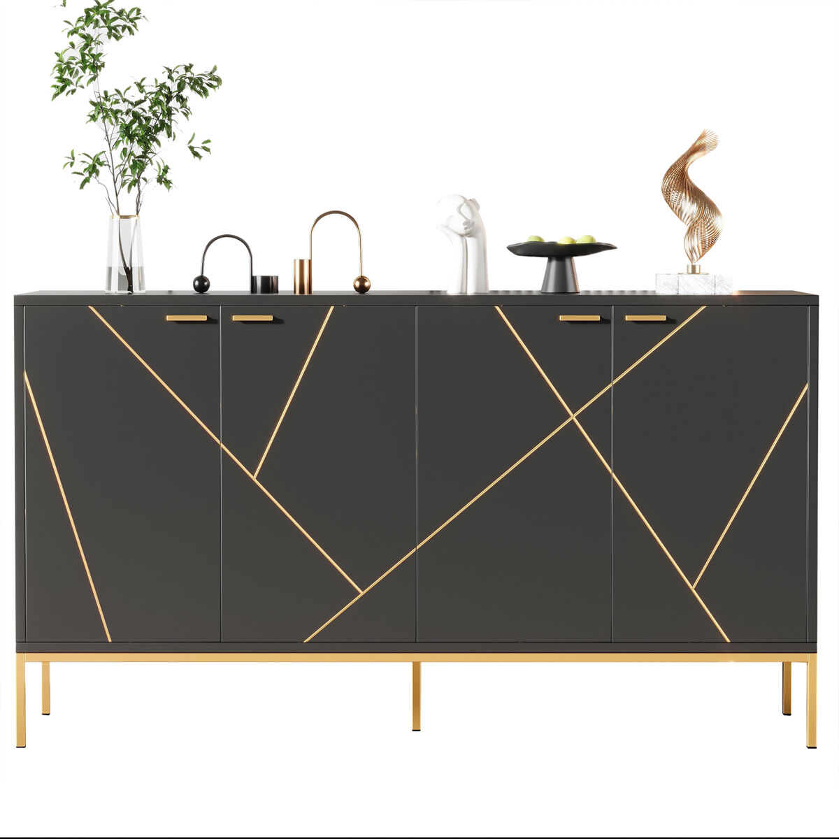 Aparador 150x40x80 cm - con 4 puertas, pies metálicos, diseño recto con decoración de líneas metálicas - negro+dorado