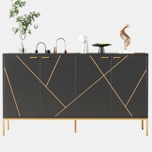 Aparador 150x40x80 cm - com 4 portas, pés metálicos, design reto com decoração de linhas metálicas - Preto+Dourado