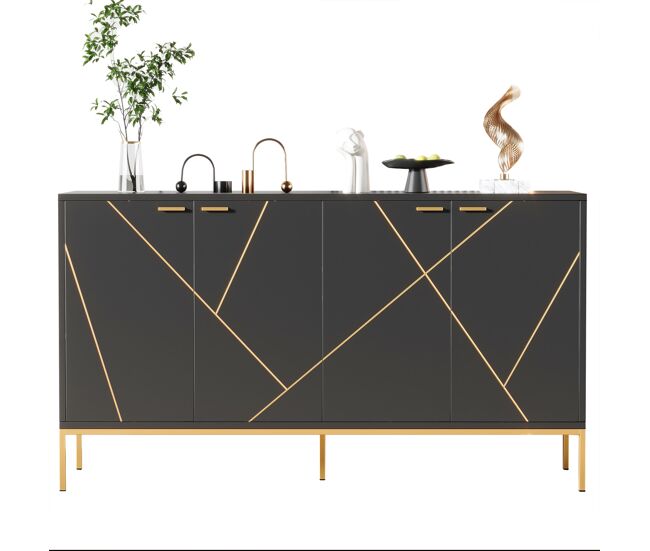 Aparador 150x40x80 cm - con 4 puertas, pies metálicos, diseño recto con decoración de líneas metálicas - negro+dorado