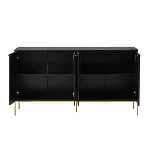 Aparador 150x40x80 cm - com 4 portas, pés metálicos, design reto com decoração de linhas metálicas - Preto+Dourado