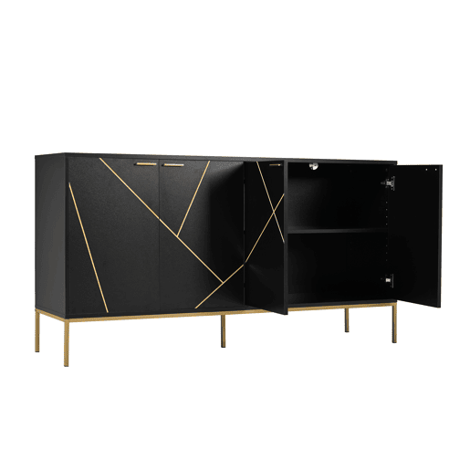 Aparador 150x40x80 cm - com 4 portas, pés metálicos, design reto com decoração de linhas metálicas - Preto+Dourado