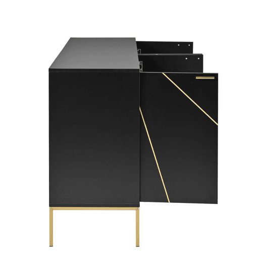 Aparador 150x40x80 cm - com 4 portas, pés metálicos, design reto com decoração de linhas metálicas - Preto+Dourado