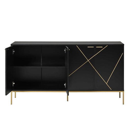 Aparador 150x40x80 cm - com 4 portas, pés metálicos, design reto com decoração de linhas metálicas - Preto+Dourado